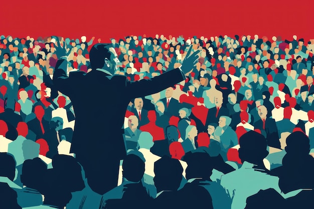 Фото Иллюстрация бизнесмена или политика, говорящего перед большой толпой людей. манипуляция минимализмом.