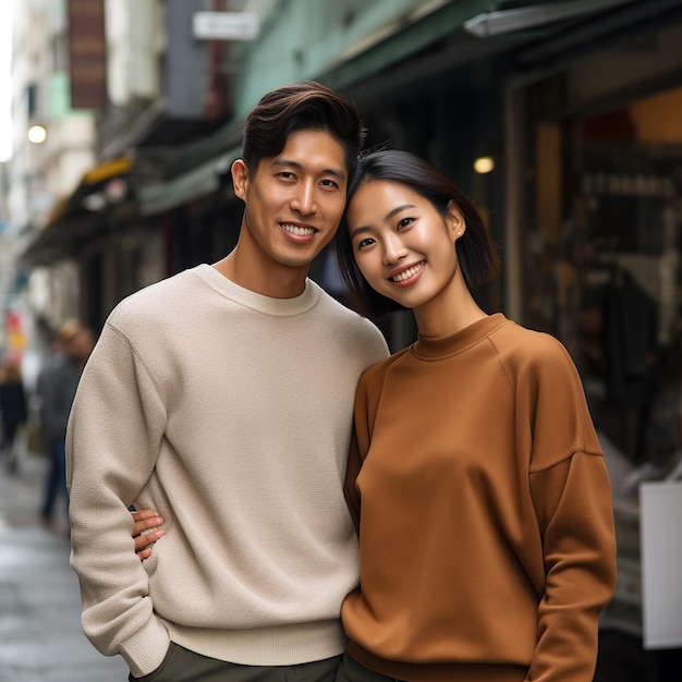 Фото Иллюстрация модного портрета пары с макетом простого свитера, созданного как генеративное произведение искусства с использованием искусственного интеллекта