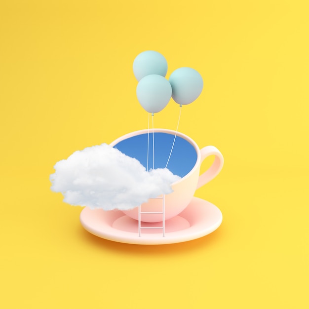 사진 푸른 하늘과 구름, 개념적 광고에 풍선 컵의 그림. 3d 렌더링.