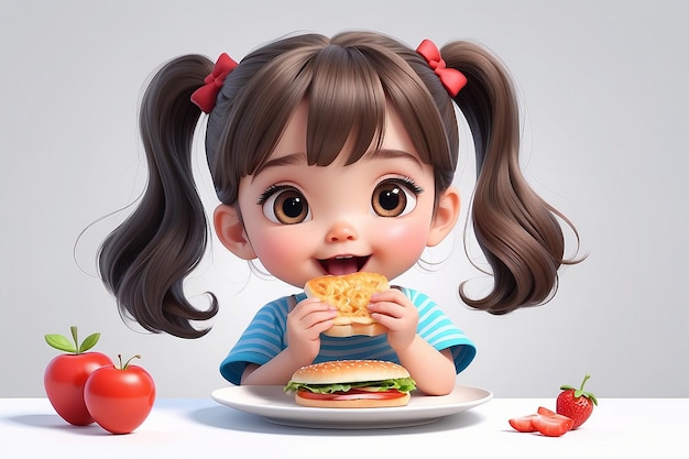 写真 白い背景で食べている可愛い女の子のイラスト