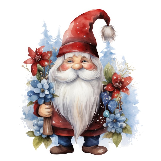 Фото Иллюстрация милого акварельного рождественского гнома в красной шапке на белом фоне