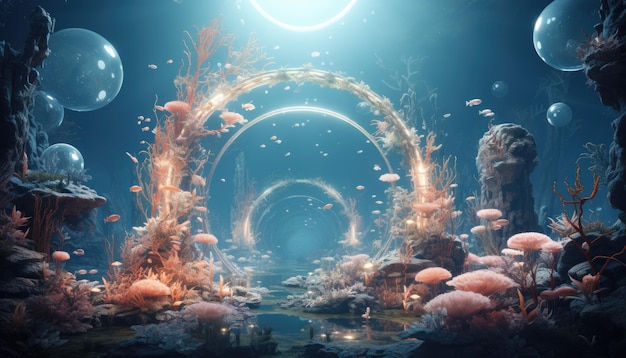 写真 スパークリング・ウォーター・バブルが描かれた深海のシーン