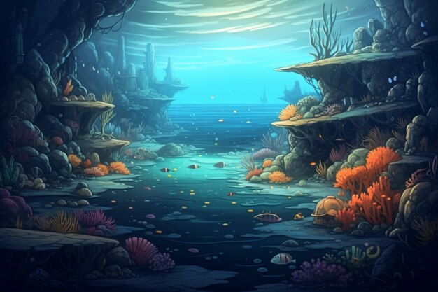 Фото Иллюстрация фантастического подводного мира с кораллами и другими водными организмами