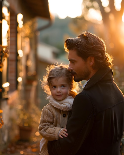 写真 暖かい太陽の下で家の前で娘に愛を表す父親の例え