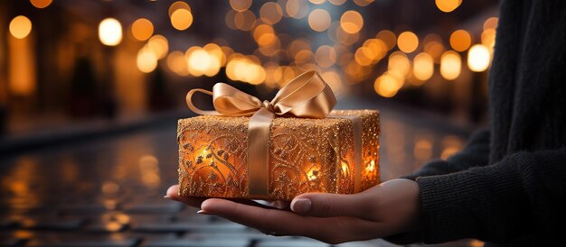 Фото Иллюстрация подарочной коробки в руке на рождественском фоне сгенерировано ai