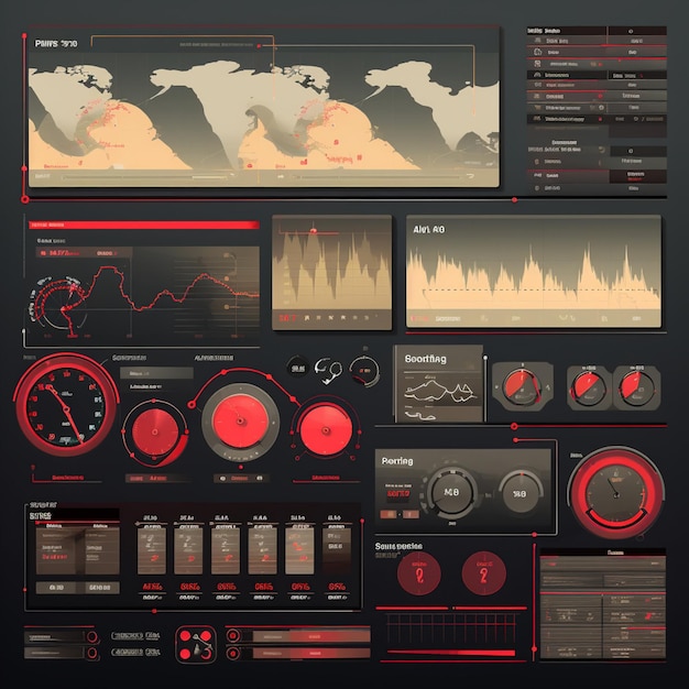 Фото Иллюстрация глобальной панели данных, спроектированная в темном готическом стиле со светлым бронзовым и красным оттенками с плоской перспективой и сборкой карт