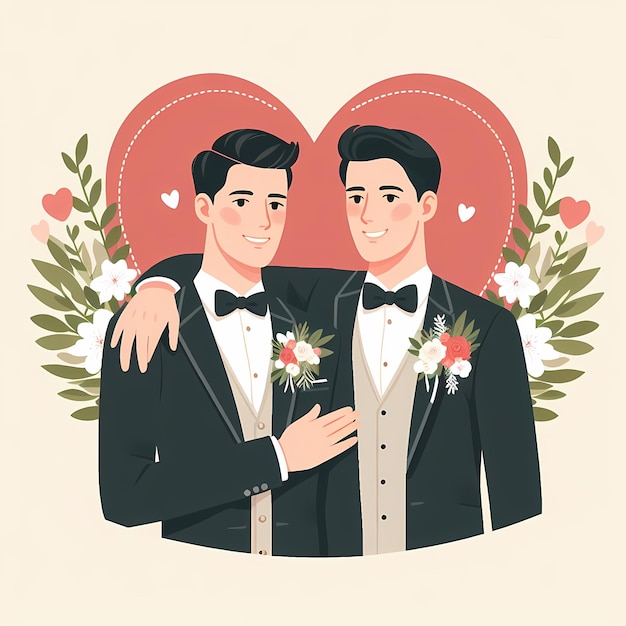 사진 illustration of a groom and groom one is wearing a sharp suit embracing the other affectionately