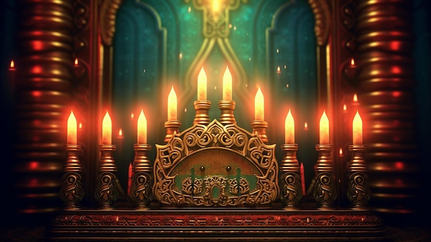Фото Иллюстрация меноры хануки с свечами и огнями generative ai