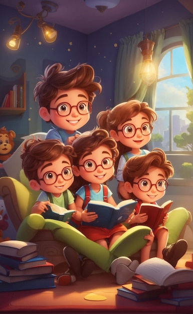 사진 3d 아트 스타일로 책을 읽는 행복한 가족의 일러스트레이션