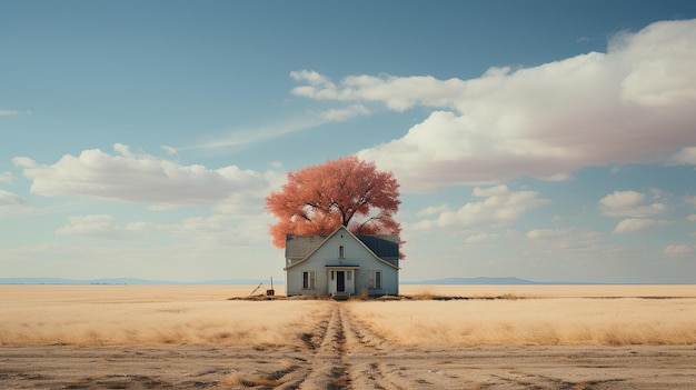 Фото Иллюстрация дома, стоящего в одиночестве посреди поля с огромным небом он передает много