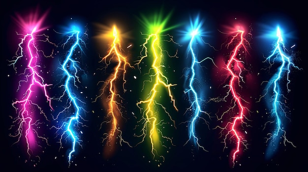 写真 電気のシンボルと力とエネルギーのサインを描いた雷のアイコンセットのイラスト