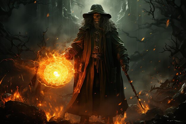 Фото Иллюстрация волшебника в лесной пламени на заднем плане