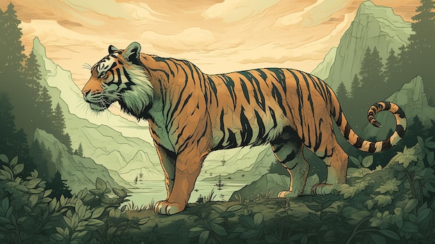 写真 緑の山の頂上に立つ雄大な虎のイラスト