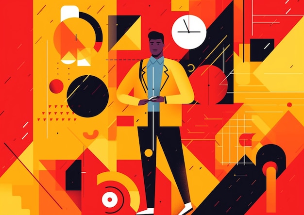 Фото illustration of a man standing in front of a clock and a red background generative ai