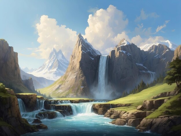 Фото Иллюстрация горного водопада с дневным видом