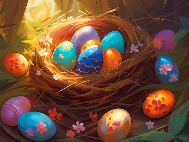 사진 다채로운 부활절 달 으로 가득 찬 둥지 의 일러스트레이션