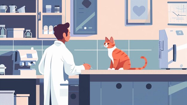 사진 illustration of a red cat and a doctor in a veterinary clinic for a health checkup