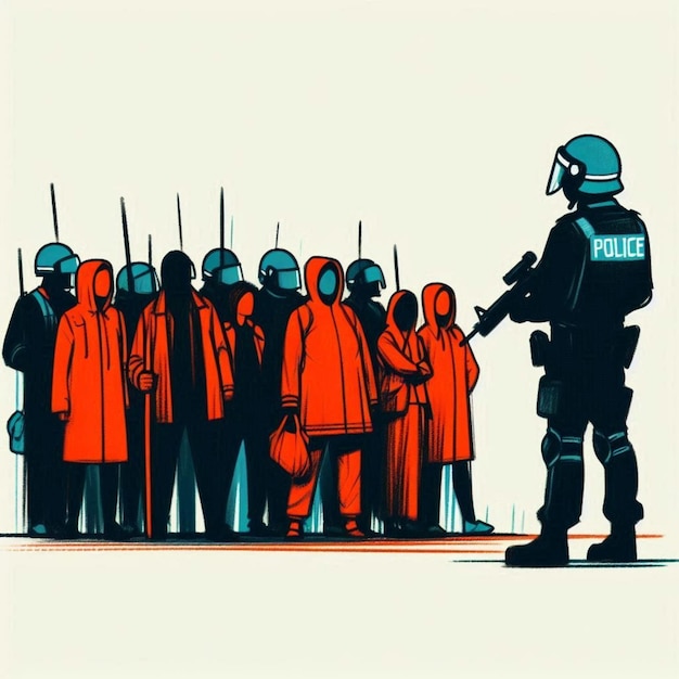 写真 illustration of a standoff between armed police and a group of protesters