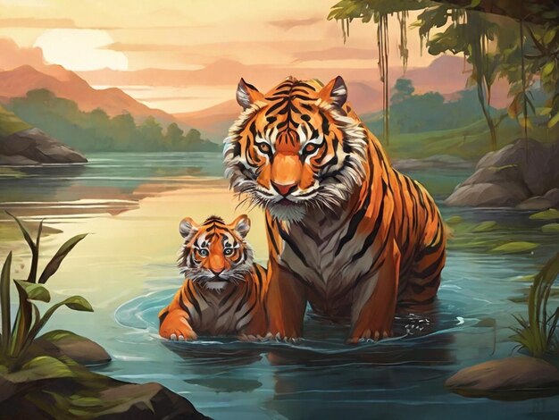 사진 호수 에 있는 호랑이 와 그 새끼 의 그림