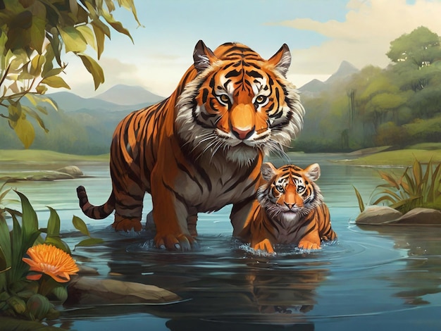 사진 호수 에 있는 호랑이 와 그 새끼 의 그림
