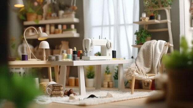 写真 素朴な木製のテーブルにビンテージ ミシンのイラスト 生成 ai