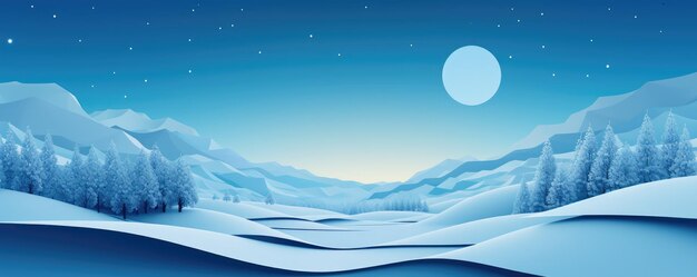 写真 雪に覆われた山々と木々と月を描いた冬の風景のイラスト generative ai