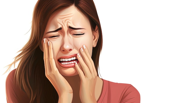 写真 白い背景に一般的な歯痛の症状を示す女性のイラスト