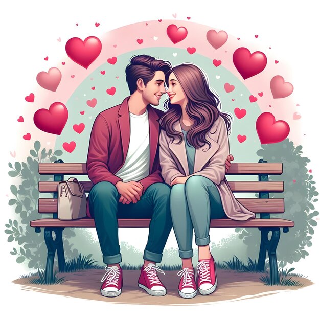 写真 世界キスデーでキスする若い男と女の子のイラスト
