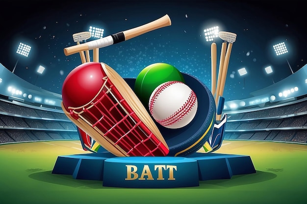 Фото Иллюстрация биты и мяча на спортивном фоне чемпионата по крикету