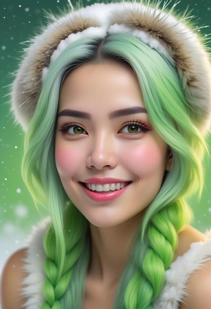 Фото Иллюстрация красивой девушки с зелеными волосами и белым меховым пальто