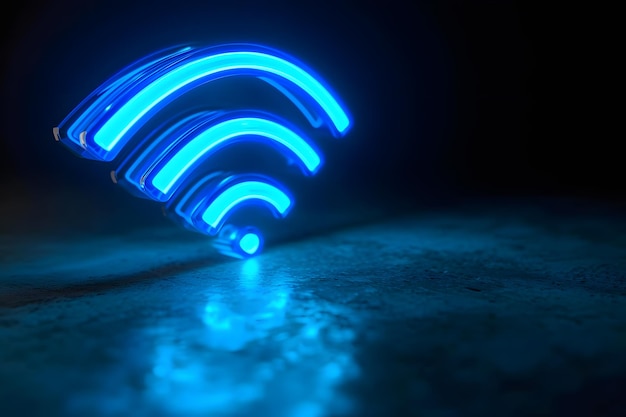 Фото Иллюстрация большого значка wifi на темном фоне с ярким синим светом