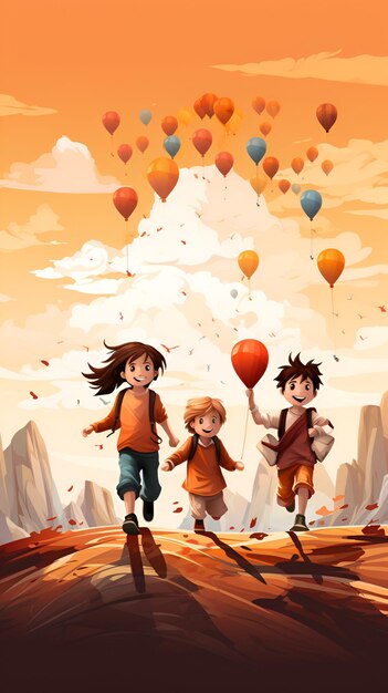 Фото Иллюстрация детей, счастливо бегущих с воздушными шарами