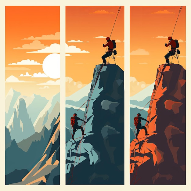 사진 산악인이 3개의 다른 단계로 산을 확장하는 그림