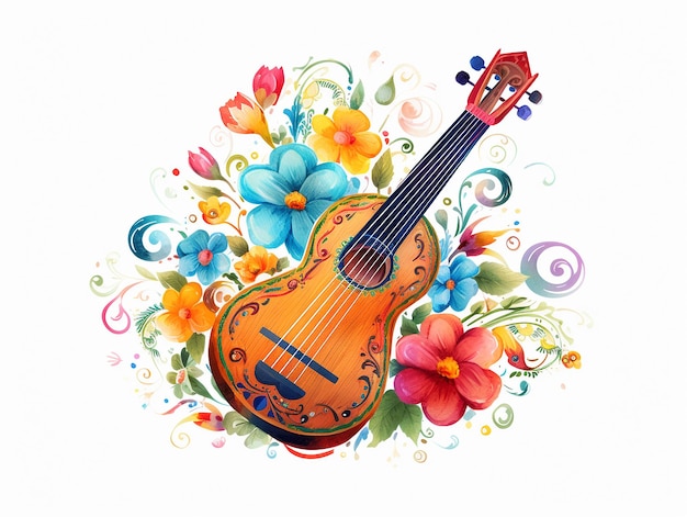 写真 白い背景に水彩画のスタイルで彩った装飾されたメキシコのギターのイラスト