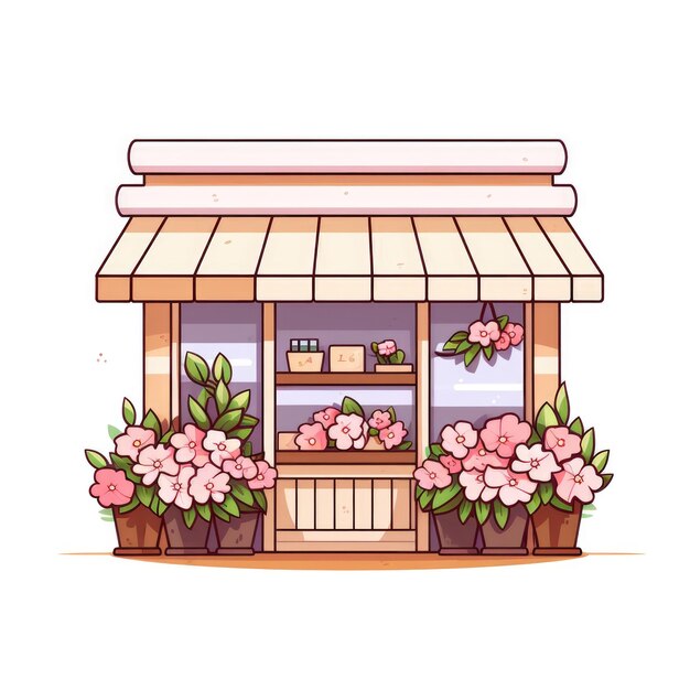 写真 白い背景の街の快適な花屋のイラスト ロゴ