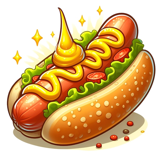 Фото Иллюстрация вкусного хот-дога с горчицей на белом фоне в мультфильме