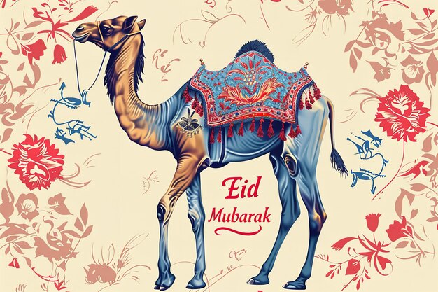 Фото Иллюстрация баннера ид аль-адха, написанного с ид мубарак с верблюдом с арабским стилем темы и пространства генеративный ии