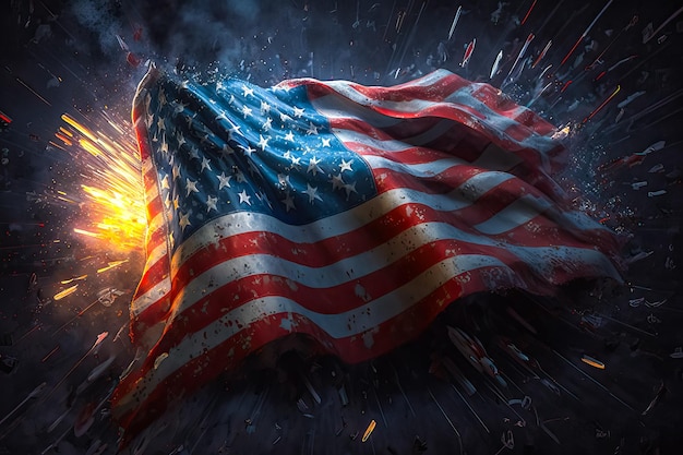 写真 アメリカの独立記念日のシンボルの雲の花火の背景にアメリカ国旗のイラスト