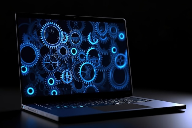 Фото Иллюстрация передач на экране ноутбука синие неоновые огни креативность и технология концепция ии