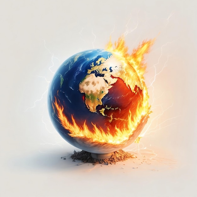 사진 지구 온난화 개념 행성 지구에 흰색 배경에 불타는 효과가 있는 그림