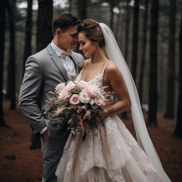 Фото Иллюстрация счастливой пары свадебных платьев букет лесной му