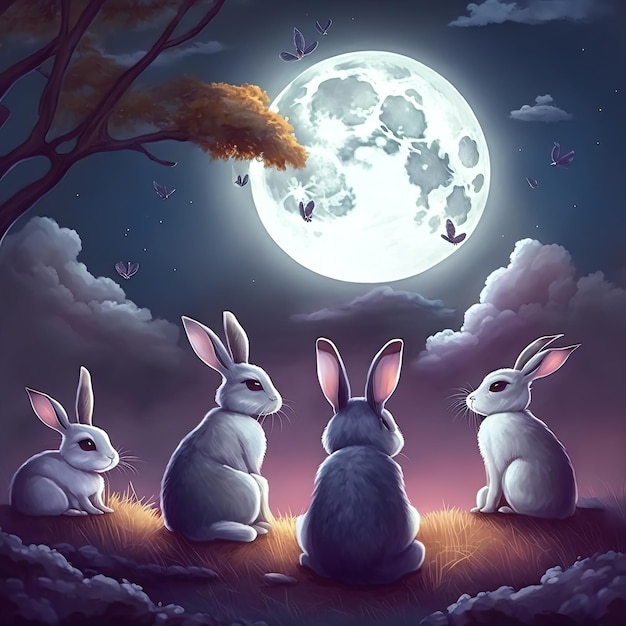写真 月の背景に座っているウサギのイラスト ウサギの 3 d イラストレーション