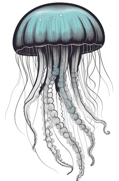 Фото Иллюстрация медузы с бирюзовым телом и длинными щупальцами на белом фоне