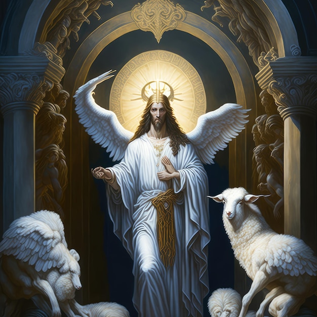 写真 生成 ai テクノロジーで作成された美しい絵画の中で子羊と 2 匹の子羊を抱くイエスのイラスト