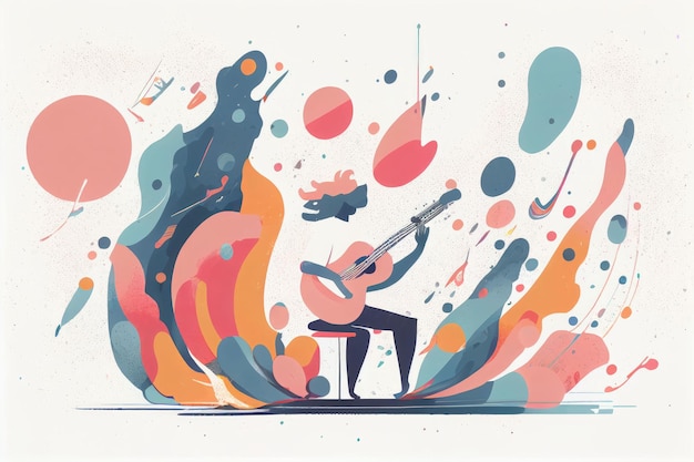 Фото Иллюстрация музыканта, играющего на гитаре и поющего на сцене. создано с помощью технологии генеративного искусственного интеллекта.