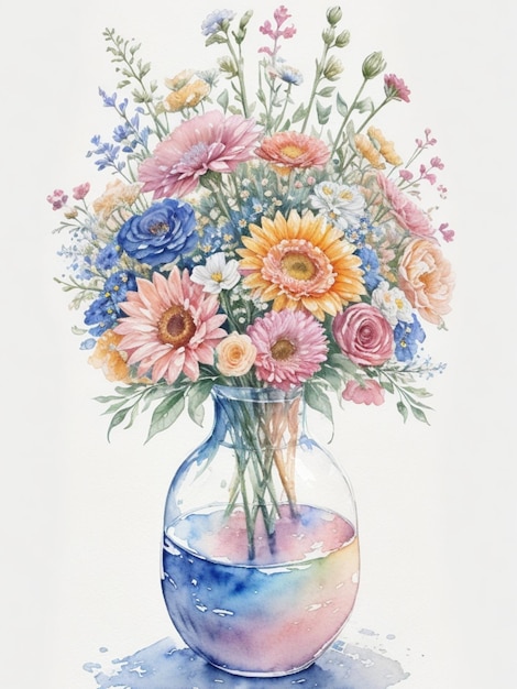 写真 鮮やかな花の花束を描いたニュートラル ティントの魅惑的な水彩画のイラスト