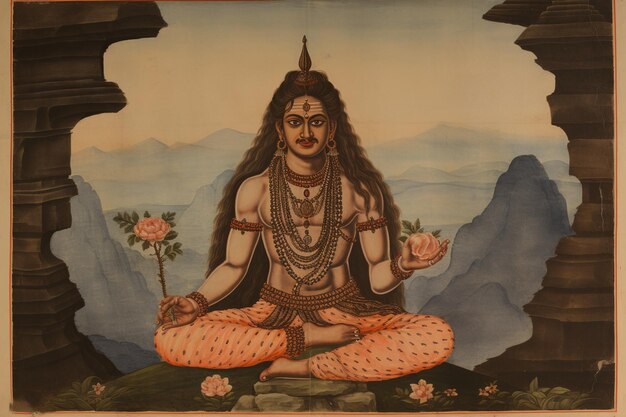 写真 瞑想状態のシヴァ神を描いた絵画のイラスト