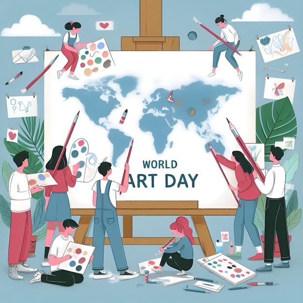 写真 世界芸術の日にキャンバスに絵を描く人々のイラスト