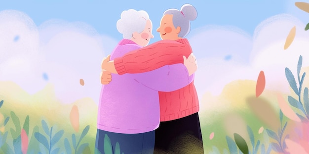 사진 성숙 한 레즈비언 여성의 초상화 태양에 의해 조명 된 lgbt 노인 커플의 포옹