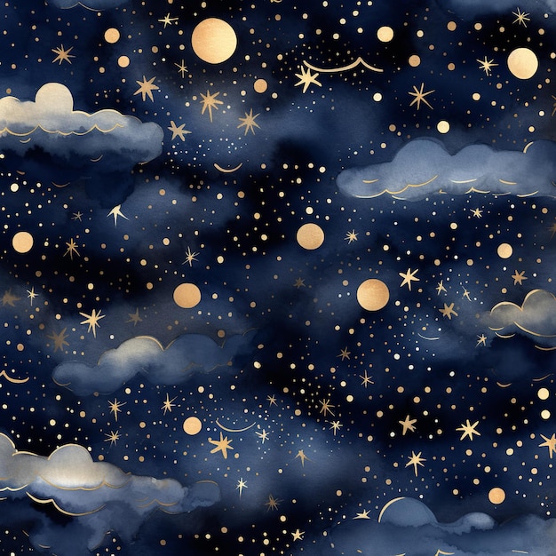 Фото Иллюстрация бесшовной небесной звездной ночи темно-синей акварели